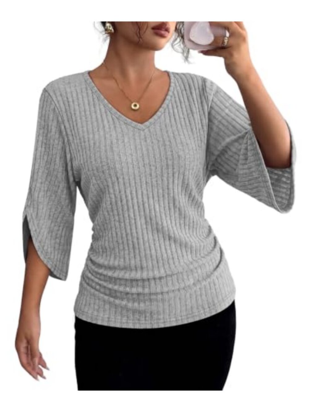 Ribbed Knit V-Neck 3/4 Batwing Sleeve Blouse Top